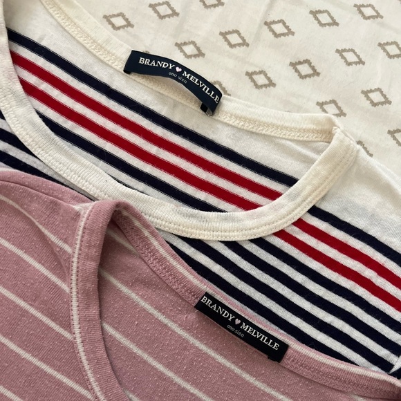 Brandy Melville Crop Tee Bundle Pink & White Stripe / Gray Red Navy Stripe - Picture 3 of 5
